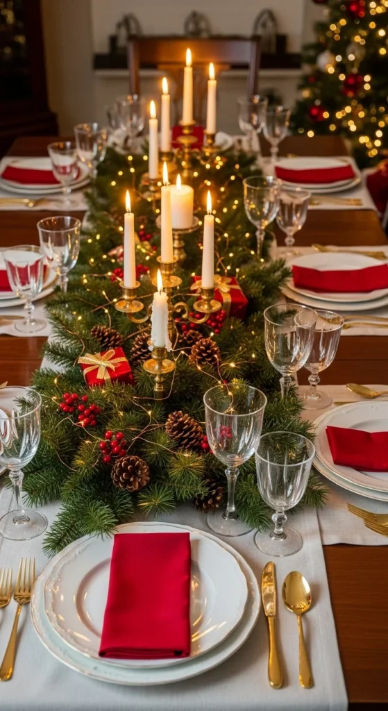 Cozy Red-and-Gold Christmas Table with Pine Garland