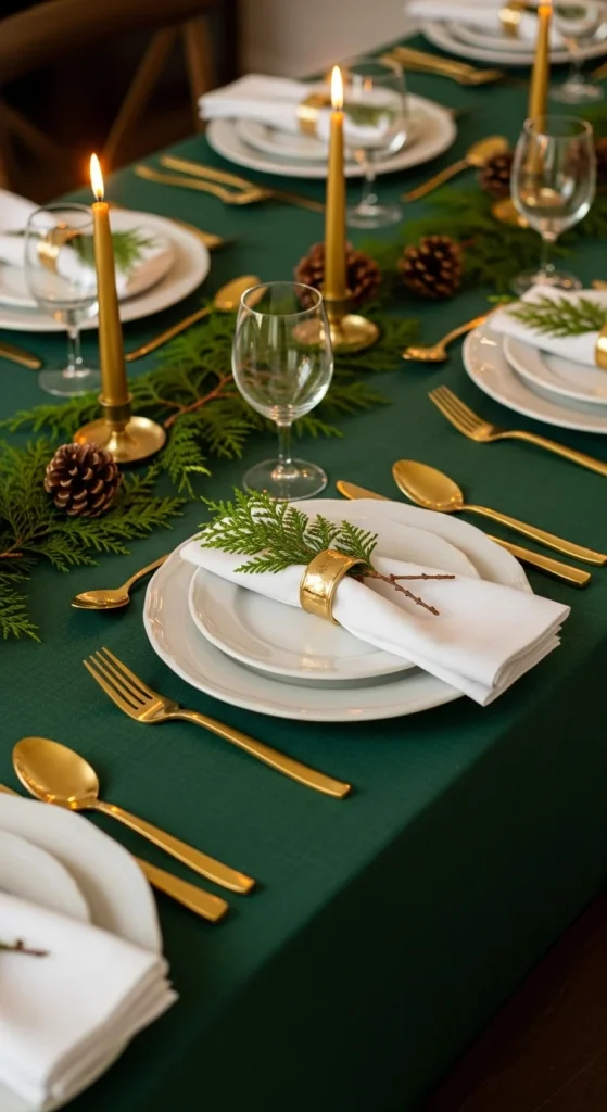 10. All-Green Christmas Table with White and Gold Details