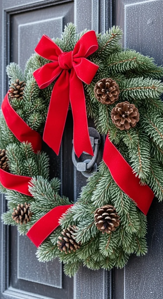 11. Pine Branch Wreath with Red Velvet Ribbon
