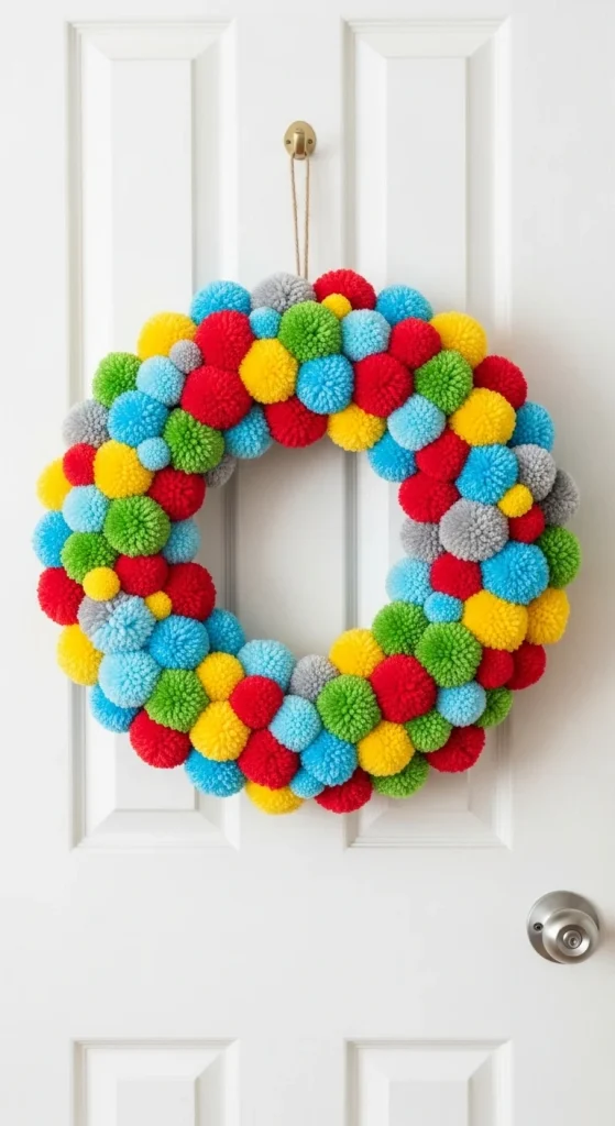 12. Colorful Pom-Pom Wreath