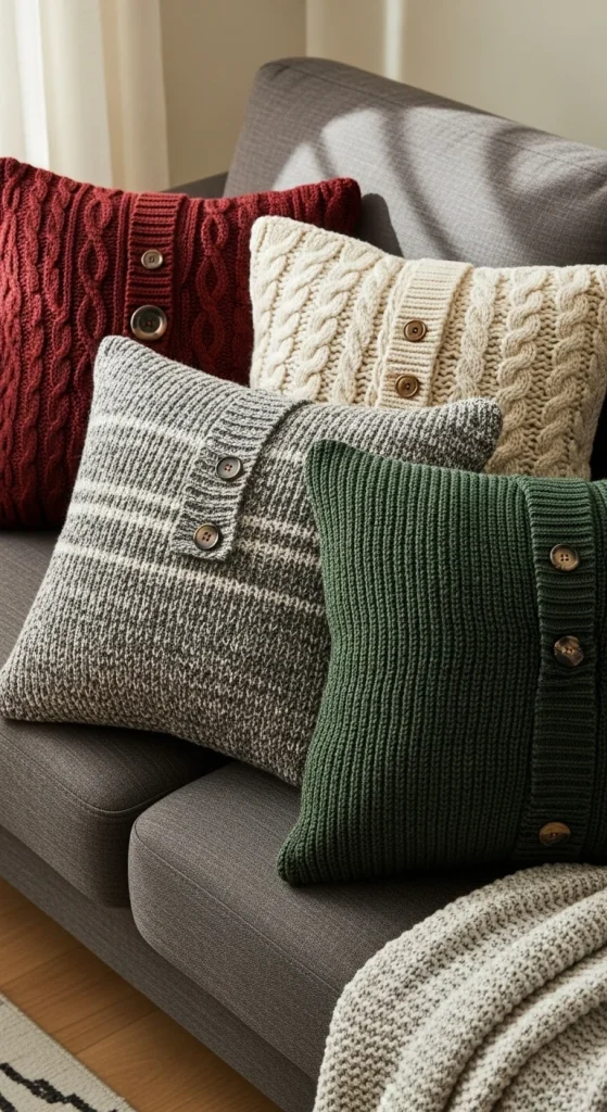12. Repurpose Old Sweaters as Pillow Covers