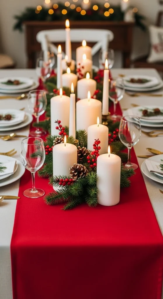13. Bright Red Runner Table with White Candles