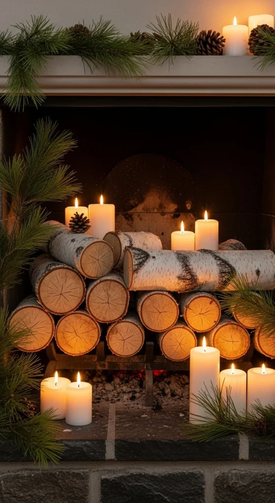 14. Birch Log Fireplace Décor