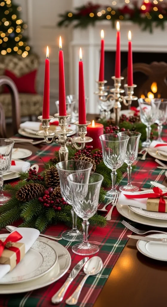2. Classic Plaid Christmas Table with Red Candles