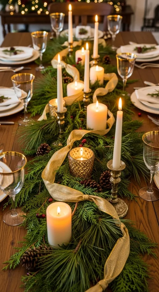 20. Evergreen Garland Christmas Table with Gold Ribbon