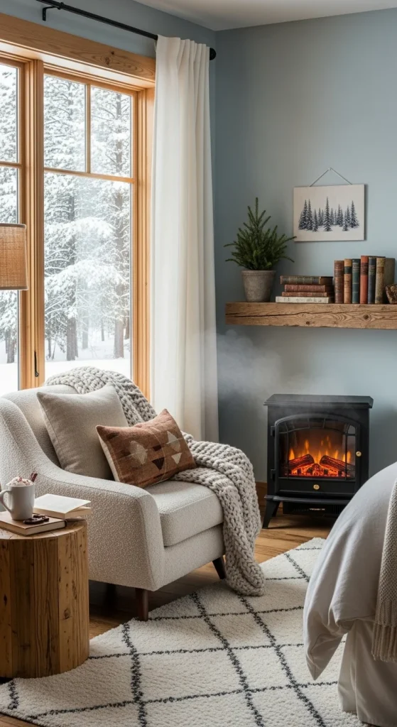21. Snowy Fireplace Bedroom Corner