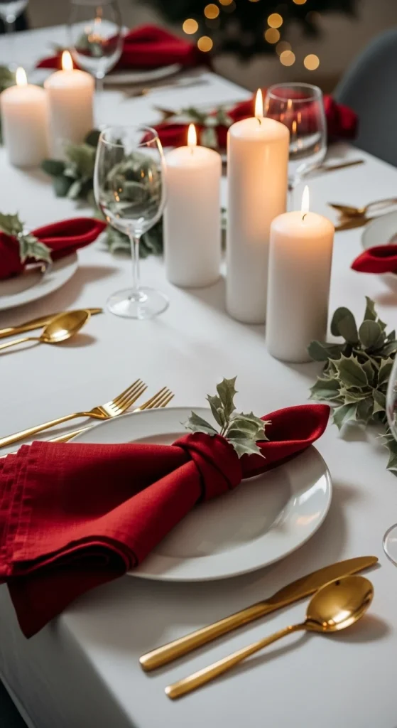 22. Classic White-and-Red Christmas Table with Soft Greenery
