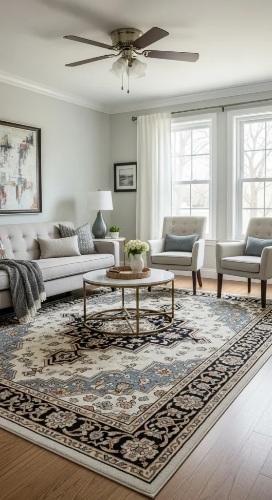 3. Add Large Rugs to Cover Floors and Define Spaces