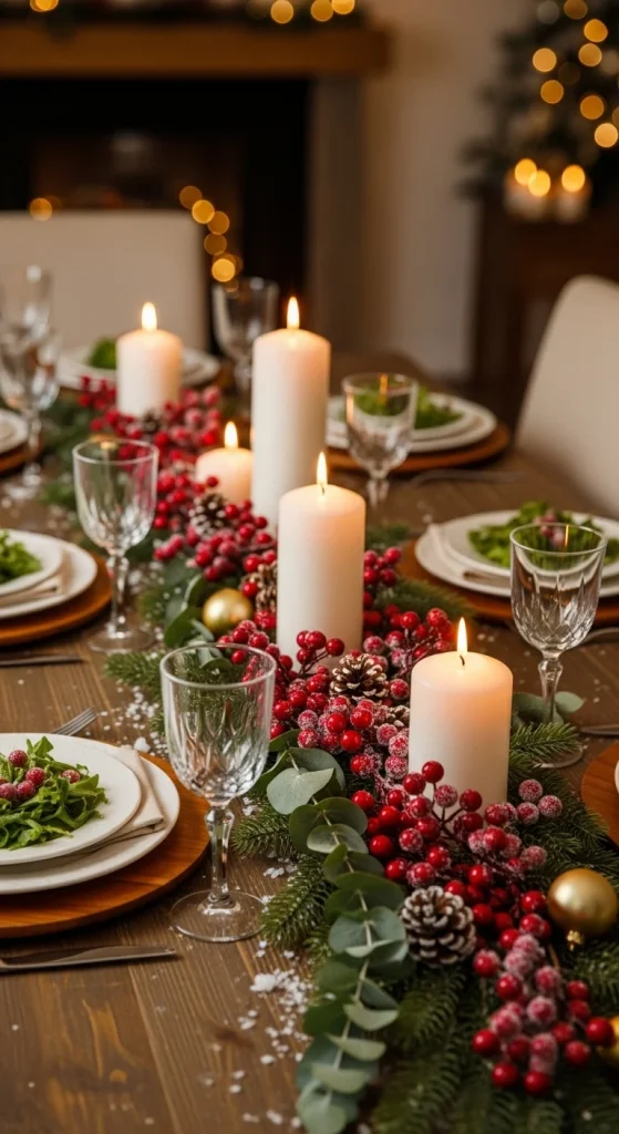 4. Red Berry Garland Table with Natural Wood Chargers