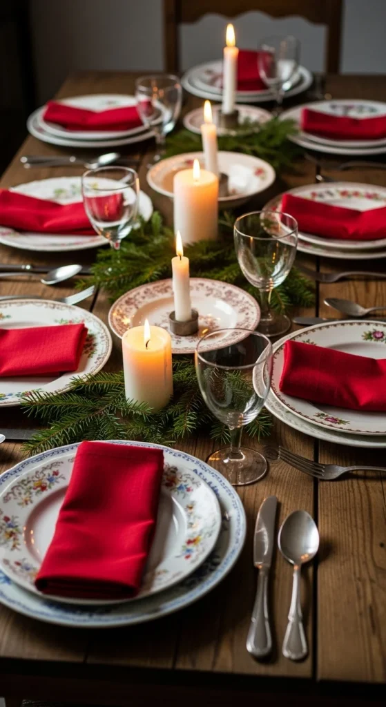 6. Vintage Christmas Table with Mismatched Plates