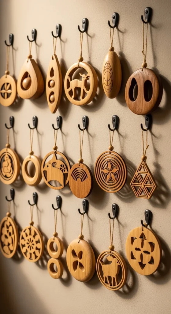 7. Hanging Wooden Ornaments on Hooks