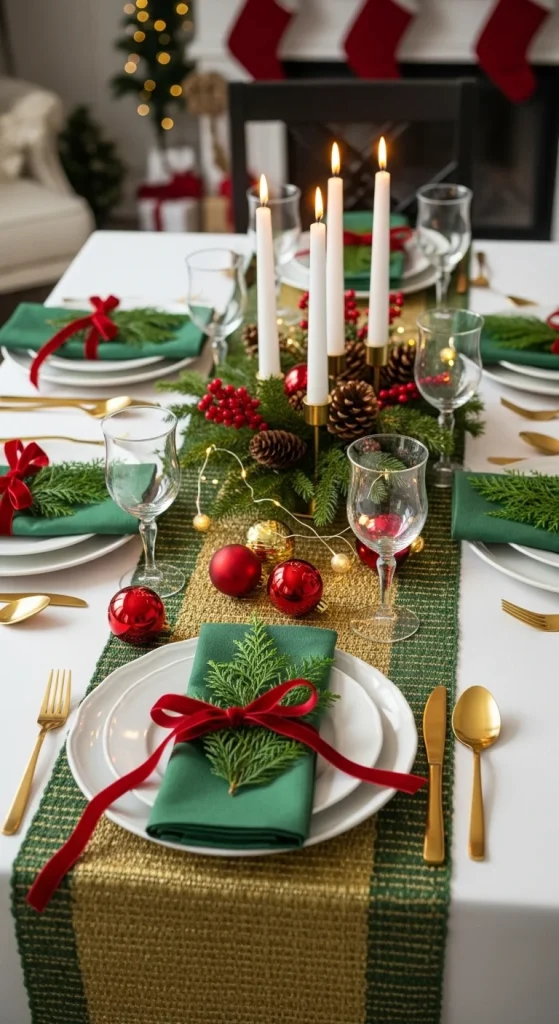 8. Red Ribbon Christmas Table with Soft Green Linens